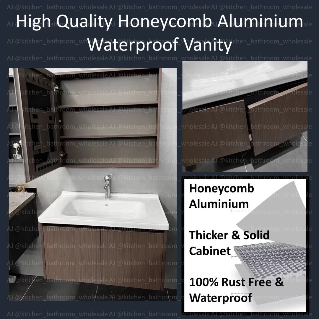 NEW Waterproof Dark Walnut Honeycomb Aluminum Vanity / High quality Cabinet ! Bathroom vanity basin cabinet (Category: Bathroom & Kitchen Fixtures) located in Singapore. Submitted by kitchen_bathroom_wholesale (Listing ID 1263517829, Image 2). Description: Premium Bathroom Basin Vanity / Basin Cabinet No instock **Customized** Waiting time 2-3 weeks ** FULL SET** All set come with tap, pipe, mirror and etc.. NEW Solid Surface Tabletop Basin With 