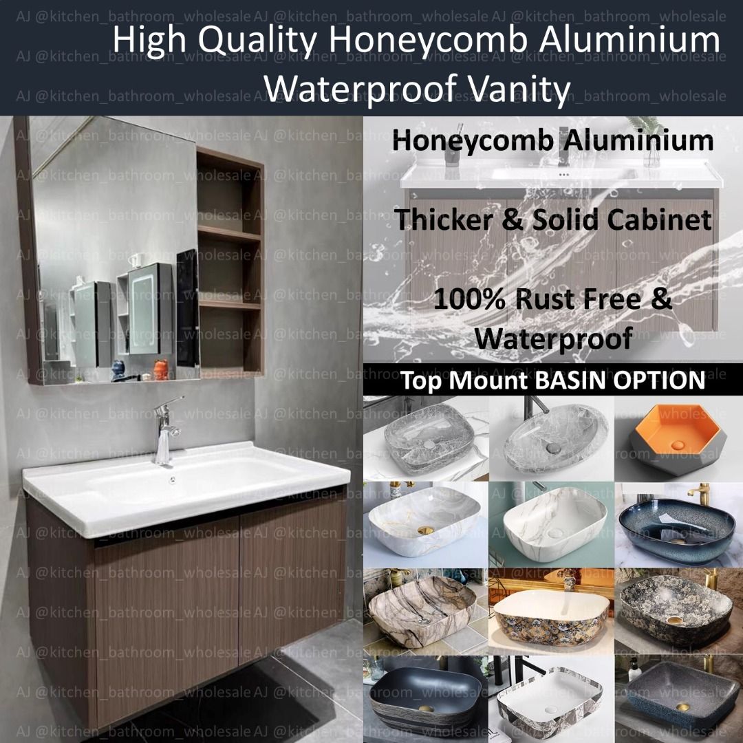 NEW Waterproof Dark Walnut Honeycomb Aluminum Vanity / High quality Cabinet ! Bathroom vanity basin cabinet (Category: Bathroom & Kitchen Fixtures) located in Singapore. Submitted by kitchen_bathroom_wholesale (Listing ID 1263517829, Image 1). Description: Premium Bathroom Basin Vanity / Basin Cabinet No instock **Customized** Waiting time 2-3 weeks ** FULL SET** All set come with tap, pipe, mirror and etc.. NEW Solid Surface Tabletop Basin With 