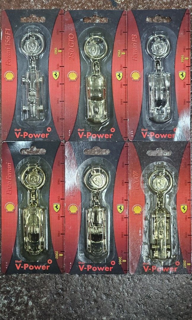 SHELL V-POWER Ferrari Keychain Set of 6 (Complete) (Category: Vehicle & Diecast Models) located in Quezon City. Submitted by chud88 (Listing ID 1297823413, Image 1). Description: = brand new old stock = blister (yellowish) due to aged Meet-up: Cubao Area = weekends Kapitolyo Pasig = weekdays Mailing and Delivery: Lalamove or Grab @ buyers expense.