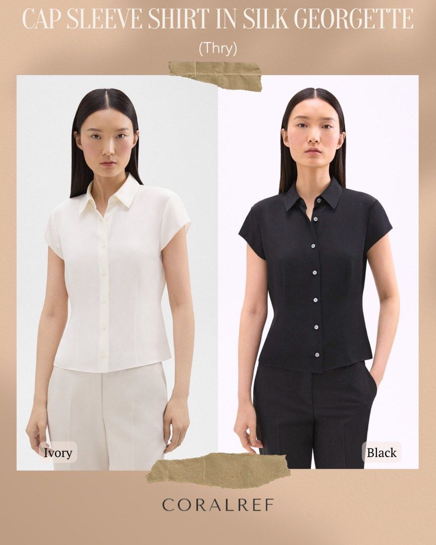 Theory Cap Sleeve Shirt in Silk Georgette in black and ivory Women s Fashion Tops Shirts on Carousell