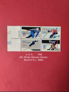 U S A   1980 :  XIII  Winter Olympic Games , block of 4 v. ( complete set  ) ,  MNH
