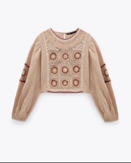 Zara Embroided Boho Linen Blend Crochet Top