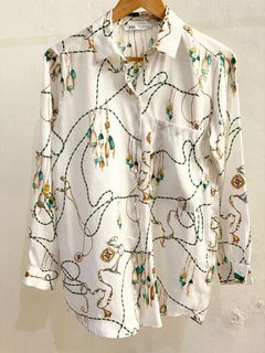 Zara Pinted Silk Satin Polo Blouse BNWOT