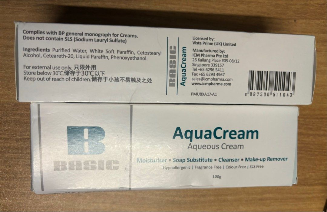 Basic AquaCream (Category: Body Care) located in Singapore. Submitted by _kisstherain_ (Listing ID 1298029435, Image 2). Description: - 1 box for $8, 2 boxes for $12. - 1 of the box is slightly dented but product is in good condition. - Expiry date June 2027..
