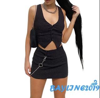 bayline black two piece stripe vest and skirt set