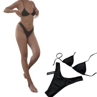 black bikini two-piece set halter padded tie-up top, low-rise cheeky bottom swimwear swimsuit sexy