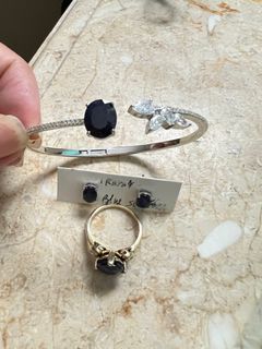 Blue Sapphire set Jewelry Real Natural Stones 2karat bracelet w silver setting and zirconia stones, 1karat Earrings and 3 karat Ring