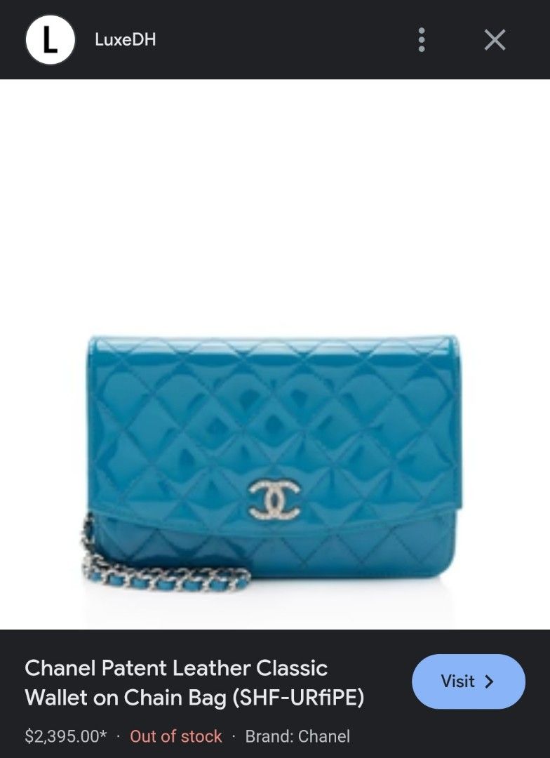 Chanel Wallet on Chain (Category: Luxury Bags & Wallets) located in Manila. Submitted by declutterwithme__ (Listing ID 1298079346, Image 1). Description: Chanel Wallet on Chain Perfect Patent Leather Condition 9/10 condition super nice color not bright blue!! Comes with Authenticity Card, Hologram and Dustbag.