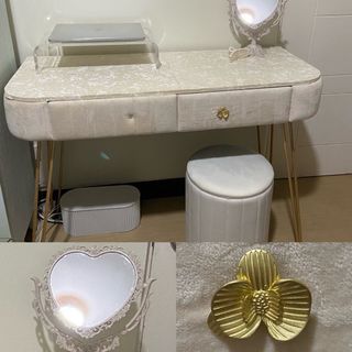 Cream Fluffy Velvet Table + 3 FREEBIES 🥥 Study Office Desk Dresser Vanity / Minimalist Unique Aesthetic White ⚪️ Soft & Fluffy ⚪️ (2 drawers)