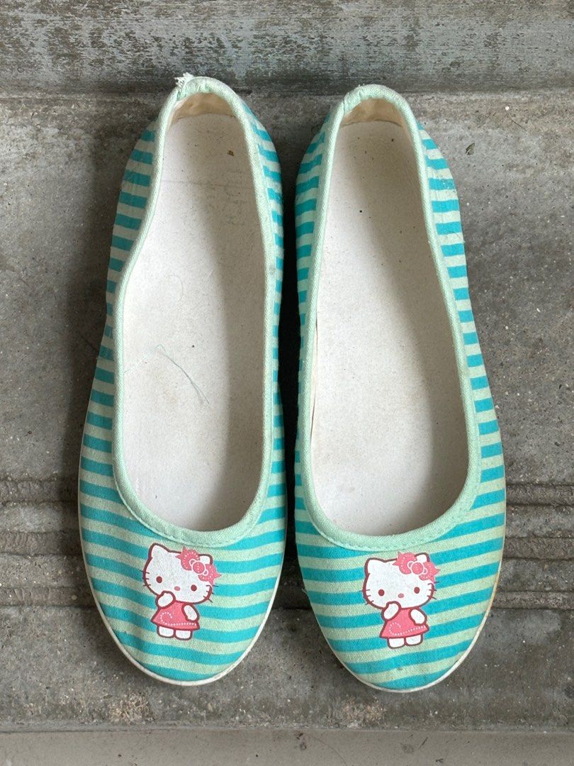 Hello Kitty flats in green white stripes, Women's Fashion