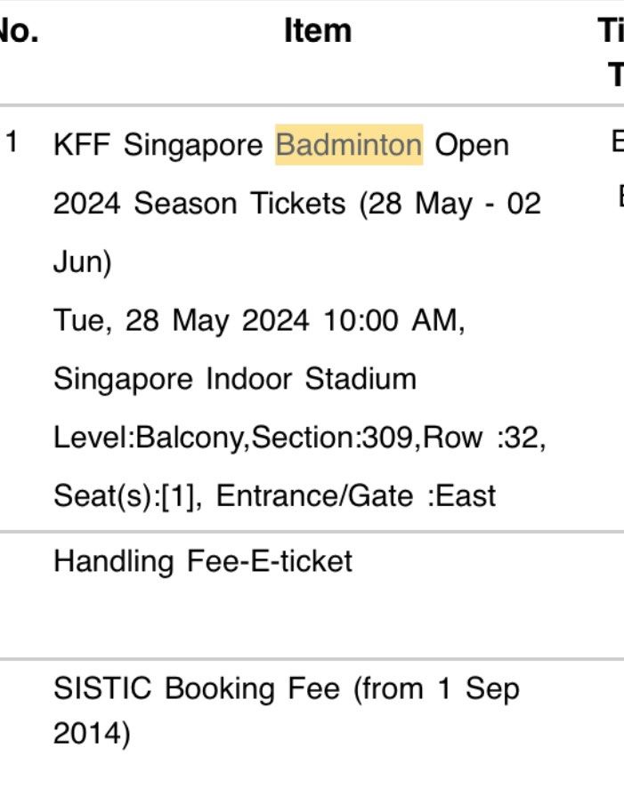 KFF Singapore Badminton Open 2024 Season Ticket Grandstand Balcony