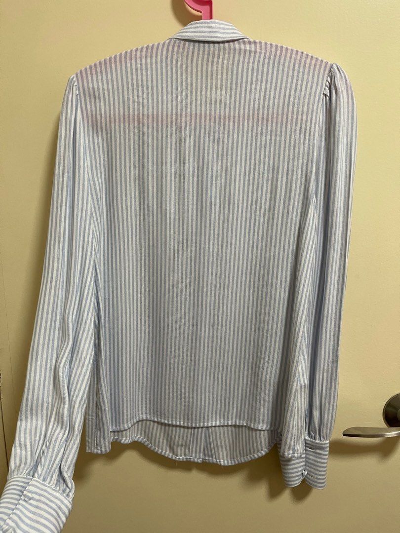 Mango Cotton Long Sleeve Blouse (Light Blue with Stripes) (Category: Blouses) located in San Pedro. Submitted by moonover (Listing ID 1298072075, Image 2). Description: Size XS Cotton ( vv soft!) Complete buttons No damage/ discoloration/ stain In excellent condition Perfect for an office wear outfit!.