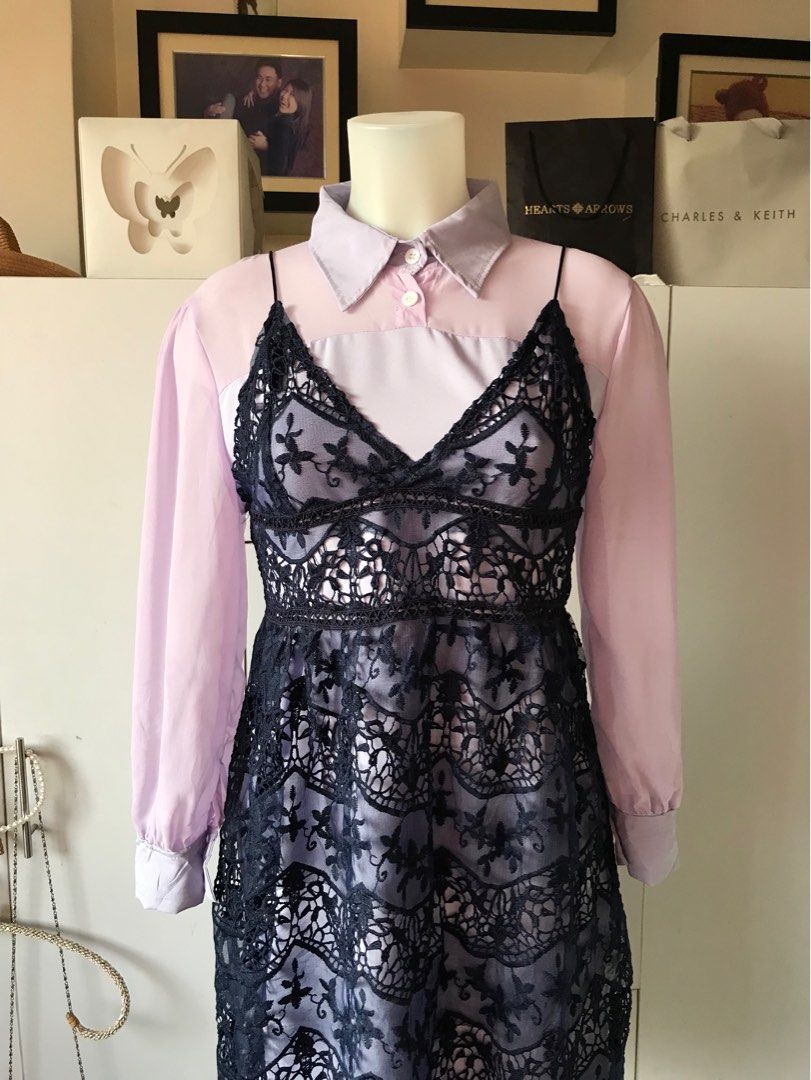 Navy Blue Lace Embroidery See Through Sexy Strappy Cover Up Long Sleeves Inner Dress Women s Fashion Dresses Sets Dresses on Carousell