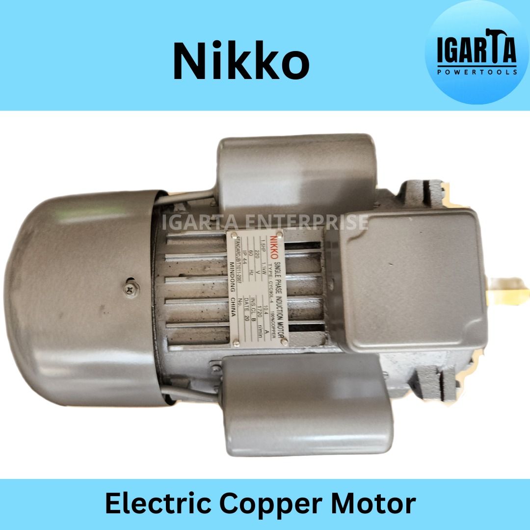 Nikko Electric Copper Motor 1.5HP (Category: Construction Tools & Equipment) located in Quezon City. Submitted by igarta.enterprise (Listing ID 1298005470, Image 2). Description: Nikko Electric Copper Motor 1.5HP: ● Brand: Nikko ● Type: Single Phase Induction Motor ● Power: 1.5 HP (1.1 kW) ● Voltage: 220V / 60Hz ● Speed: 1720 rpm ● Full Load Current: 10.4 Amps ● Frame Size: 75 mm (from base of foot to center line of shaft) ● Motor Material: High-