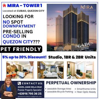 PROMO Quezon City Condo! No Downpayment Affordable 1BR condo for sale in Quezon City at MIRA Tower 1 Near TIP, Xavier School and La Salle Greenhills