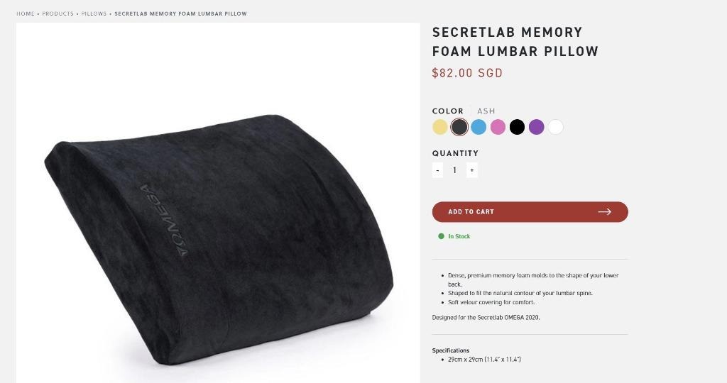 Secretlab Signature Memory Foam Lumbar Pillow, Furniture & Home Living ...