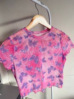 SHEIN pink mesh crop top butterfly y2k