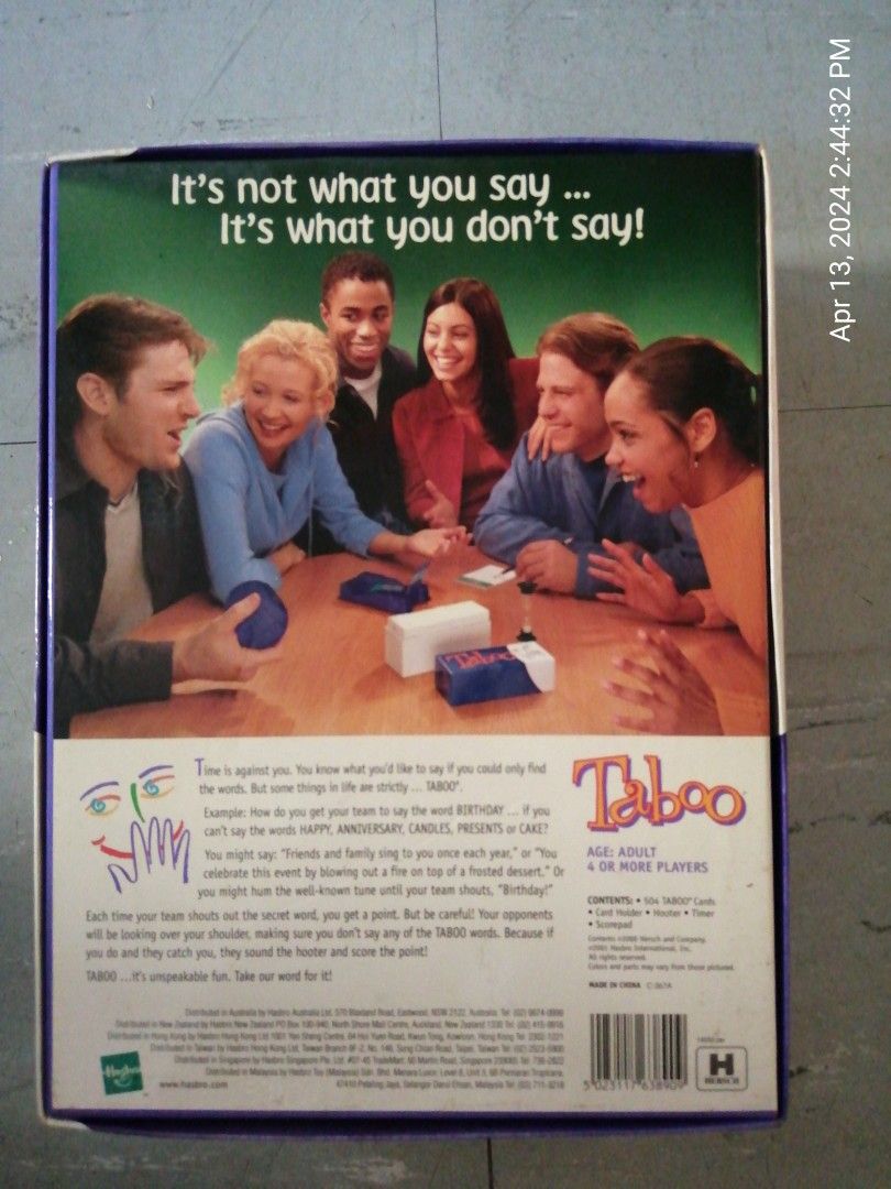 Taboo (Category: Board Games & Puzzles) located in Singapore. Submitted by bluedanude (Listing ID 1298009115, Image 3). Description: A family board game for all ages at family gathering meant for teenagers n adults of all ages.Self collect.Instructions manual included too..