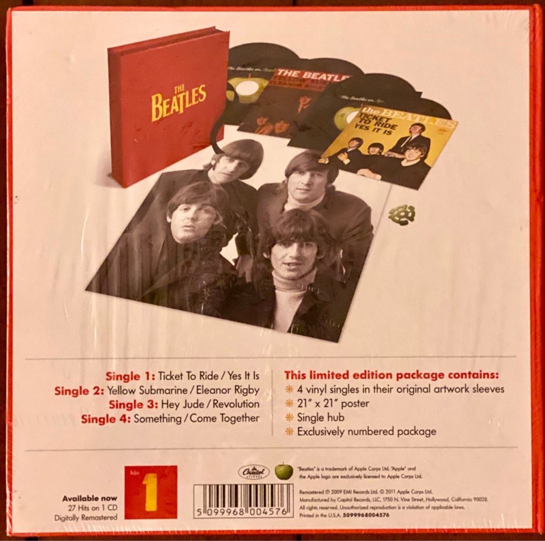 THE BEATLES (4) 7-inch vinyl singles (Category: Vinyls) located in Mandaluyong City. Submitted by bitchesbrew (Listing ID 1298053146, Image 2). Description: Limited edition: - 4 vinyl singles in their original artwork sleeves - 21” x 21” poster - single hub - exclusively numbered package.