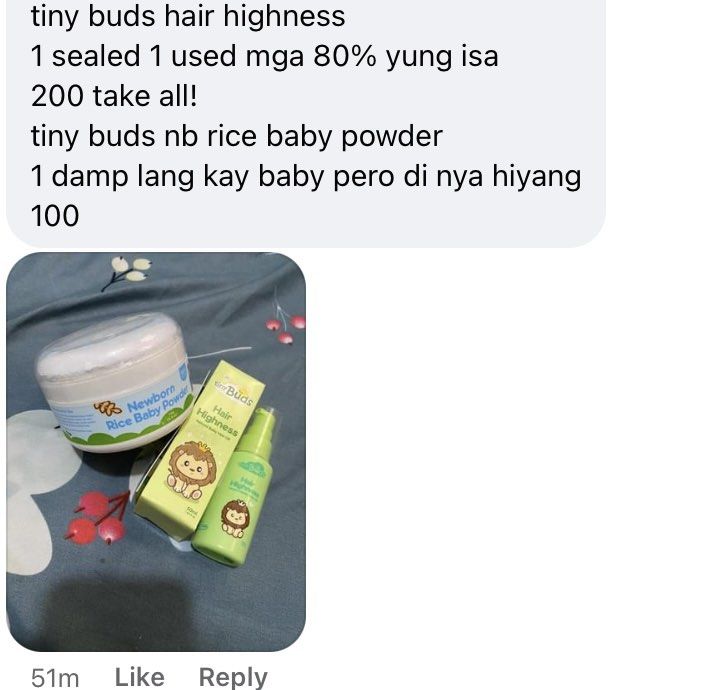 tiny buds hair highness (Category: Baby Toiletries & Grooming) located in Quezon City. Submitted by loveeedbyrl (Listing ID 1298066729, Image 2). Description: tiny buds hair highness 1 sealed 1 used mga 80% yung isa 200 take all! tiny buds nb rice baby powder 1 damp lang kay baby pero di nya hiyang 100.