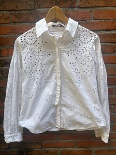 Unique Officewear Sylish Statement Eyelet White Long Sleeves Button Down Smart Casual Polo for Women (WELL LOVED)