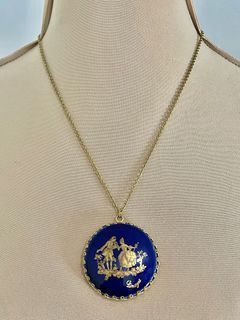 Vintage Limoges Courting Couple Blue Ceramic Mirror Pendant Necklace