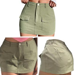 (xs-s) BRAND NEW flap pocket cargo denim skirt skort olive army sage green miniskirt mini pencil skirt grunge acubi y2k sexy 