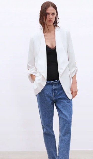 Zara White Rollup Sleeves Lapel less Blazer (Category: Coats, Jackets and Outerwear) located in Baguio. Submitted by oh.seph (Listing ID 1297972645, Image 3). Description: Zara Rollup Sleeves Lapel less Blazer Fully lined, with shoulder pads S on tag Width 19 Shoulder 15 Length 31.