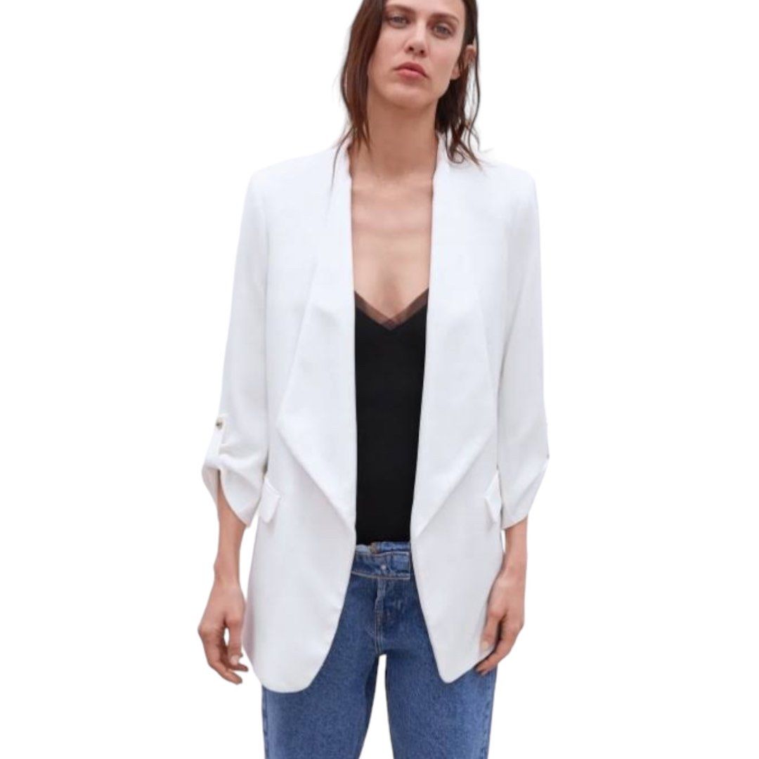 Zara White Rollup Sleeves Lapel less Blazer (Category: Coats, Jackets and Outerwear) located in Baguio. Submitted by oh.seph (Listing ID 1297972645, Image 1). Description: Zara Rollup Sleeves Lapel less Blazer Fully lined, with shoulder pads S on tag Width 19 Shoulder 15 Length 31.