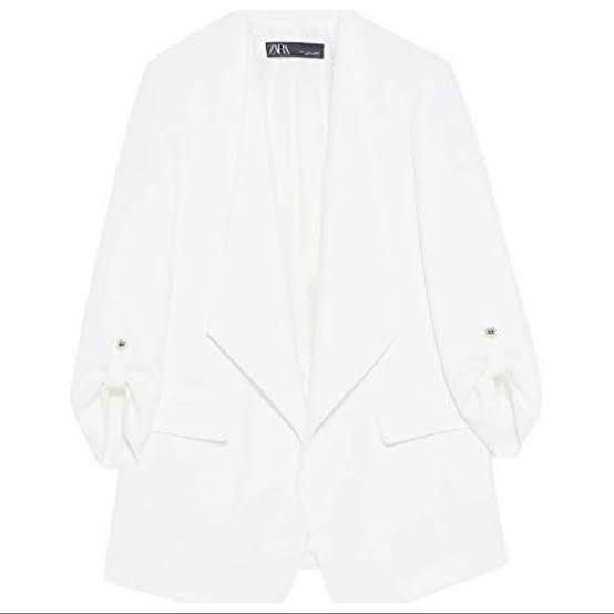 Zara White Rollup Sleeves Lapel less Blazer (Category: Coats, Jackets and Outerwear) located in Baguio. Submitted by oh.seph (Listing ID 1297972645, Image 2). Description: Zara Rollup Sleeves Lapel less Blazer Fully lined, with shoulder pads S on tag Width 19 Shoulder 15 Length 31.