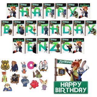 Zootopia Theme Birthday Party Banner Cupcake Cake Topper Decoration Personalized