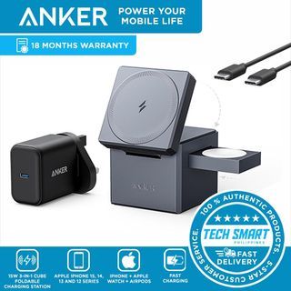 Anker 3-in-1 Cube MagSafe Charge Station Foldable Wireless Stand 15W Fast Charging  for iPhone 15/14/13/12, Apple Watch, and AirPods Pro