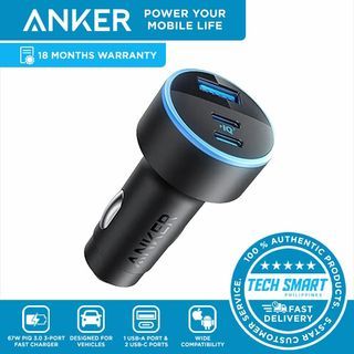 Anker Car Charger 335 USB-C 67W 3-Port Compact Fast Charger Car Adapter with PIQ 3.0 for iPhone, Smartphones, MacBook Pro,