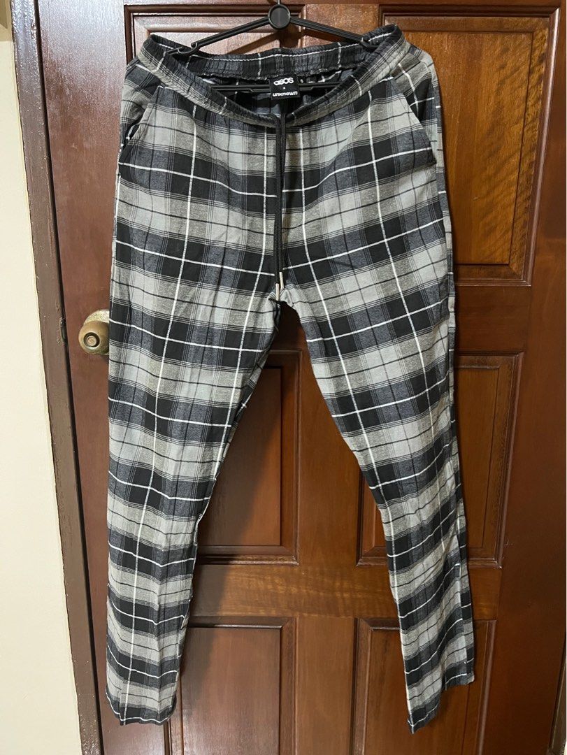 ASOS Black Grey Checkered Pants with waist drawstring Men s Fashion Bottoms Trousers on Carousell