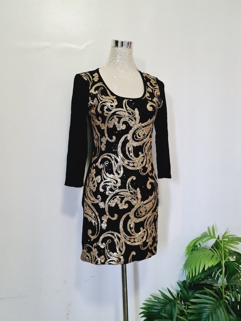 Branded sequence shining shimmering baroque paisley black gold dress,  Women's Fashion, Dresses & Sets, Dresses on Carousell