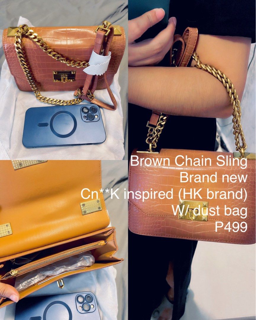 Brown Sling Bag w/ Gold Chain (Category: Sling Bags) located in Pasig City. Submitted by wangderfulworld (Listing ID 1298278450, Image 2). Description: 𝘽𝙧𝙖𝙣𝙙 𝙣𝙚𝙬 𝙃𝙆 𝙗𝙧𝙖𝙣𝙙𝙚𝙙 (𝘾𝙣𝙆 𝙞𝙣𝙨𝙥𝙞𝙧𝙚𝙙) 𝖶𝗂𝗍𝗁 𝗍𝖺𝗀 𝖺𝗇𝖽 𝖽𝗎𝗌𝗍 𝖻𝖺𝗀 𝖢𝗋𝗈𝖼𝗈𝖽𝗂𝗅𝖾 𝖯𝖴 𝗅𝖾𝖺𝗍𝗁𝖾𝗋 𝗆𝖺𝗍𝖾𝗋𝗂𝖺𝗅 𝖬𝗎𝗅𝗍𝗂𝗉𝗅𝖾 𝖼𝗈𝗆𝗉𝖺𝗋𝗍𝗆𝖾𝗇𝗍𝗌 𝖠𝖽𝗃𝗎𝗌𝗍𝖺𝖻𝗅𝖾 𝗌𝗅𝗂𝗇𝗀 𝖦𝗈𝗅𝖽 𝗁𝖺𝗋𝖽𝗐𝖺𝗋𝖾 P499 only 𝘗𝘈𝘠𝘔𝘌𝘕𝘛 𝘍𝘐𝘙𝘚𝘛 + �