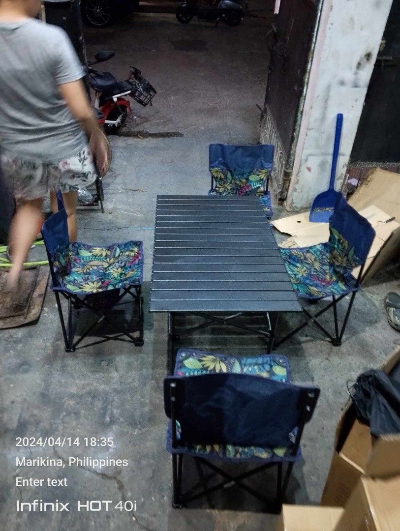 Camping Set (Table and Chair) (Category: Tables & Sets) located in Manila. Submitted by redonlineshop (Listing ID 1298226610, Image 3). Description: CAMPING SET (TABLE & CHAIR) Table 95*55*50 4 Seater Plus Table (NAVY blue with print) ₱2000 6 Seater Plus Table (white) ₱2600 -set only- ON HAND BRAND NEW Mode of Payment: Gcash,COD Same day delivery + Delivery Fee.