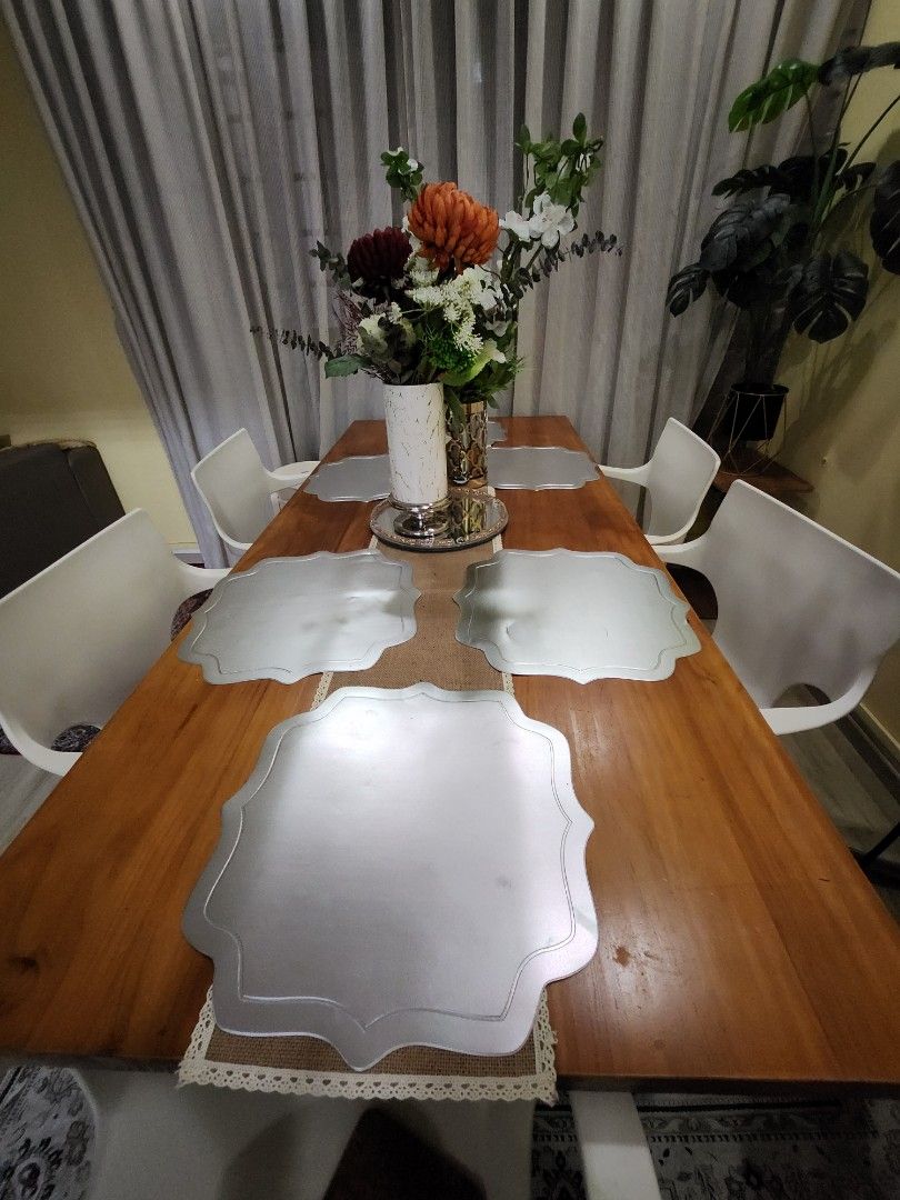 Dining Table (Category: Tables & Sets) located in Singapore. Submitted by oktonaught27 (Listing ID 1298260985, Image 3). Description: Well used for almost 3 yrs with minor defects. However will be covered with nice tablecloth. Material: Pine Wood from New Zealand Legs: Anti-rust Steel/Matte Black Length: 1.8m Thick: 50mm.