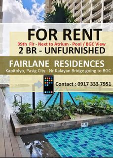 For Rent 2 BR Bare at Fairlane Residences nr Brixton Place, Sheridan, BGC