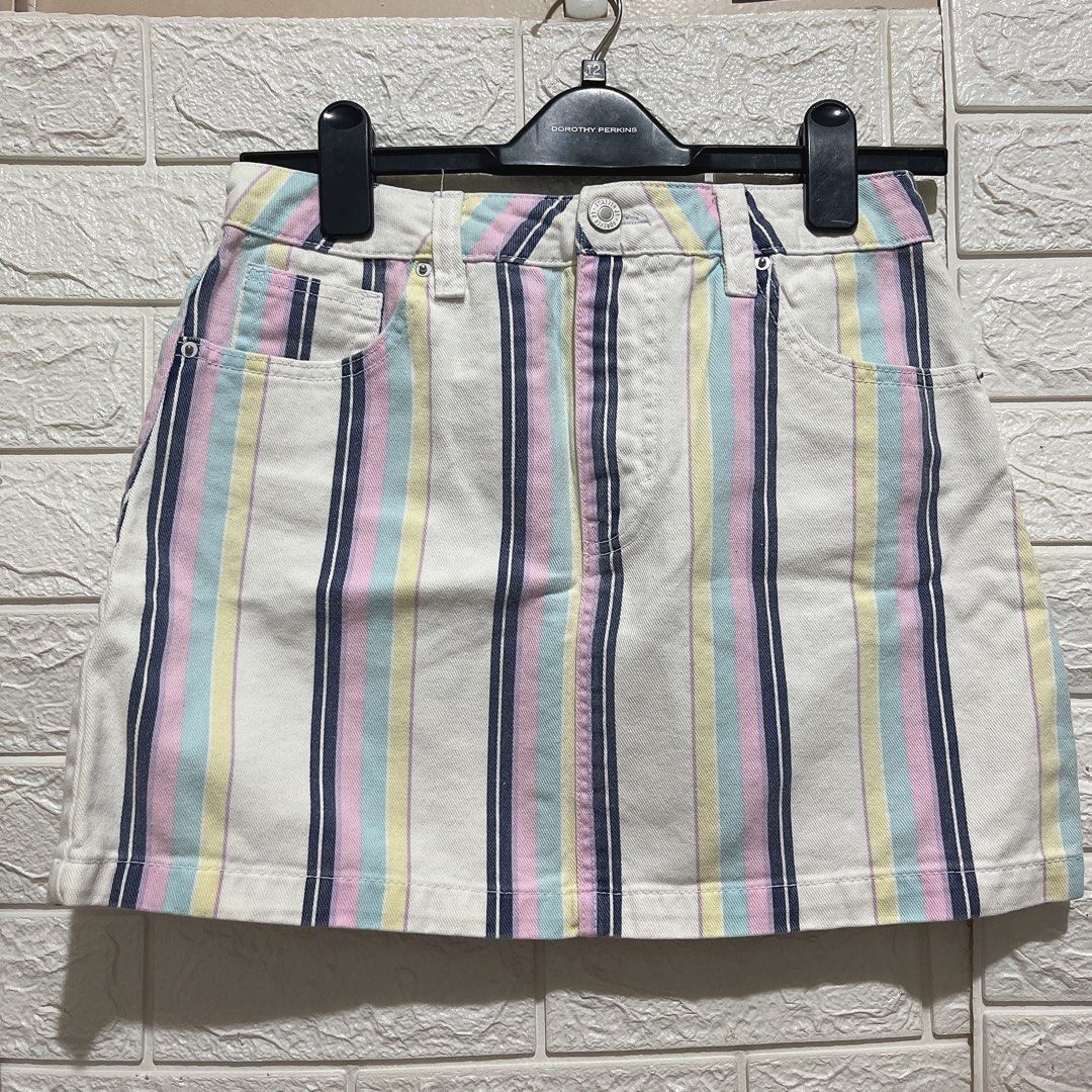 Forever 21 denim skirt colorful rainbow pastel stripes Women s Fashion Bottoms Skirts on Carousell