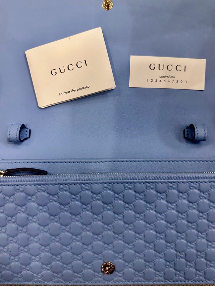 Gucci Wallet on Chain (Category: Luxury Bags & Wallets) located in San Juan City. Submitted by loveluxxe7 (Listing ID 1298104403, Image 2). Description: - 100% authentic guccisima leather color blue - bought in Japan Gucci Store - 2 way use, as wallet or with strap - can fit bills, cards and one cellphone .