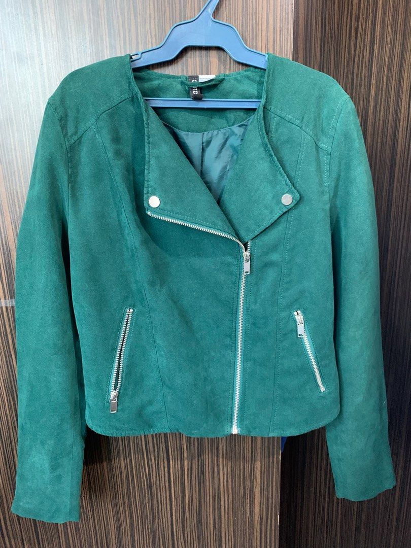 H M DIVIDED EMERALD GREEN SUEDE JACKET Women s Fashion Coats Jackets and Outerwear on Carousell