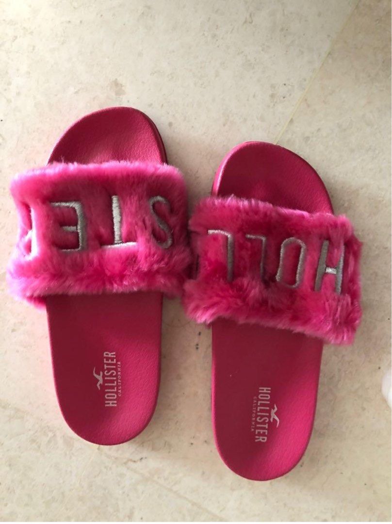 Hollister barbie pink furry soft comfy slip on sandals white logo classic hot slippers home beach hotel