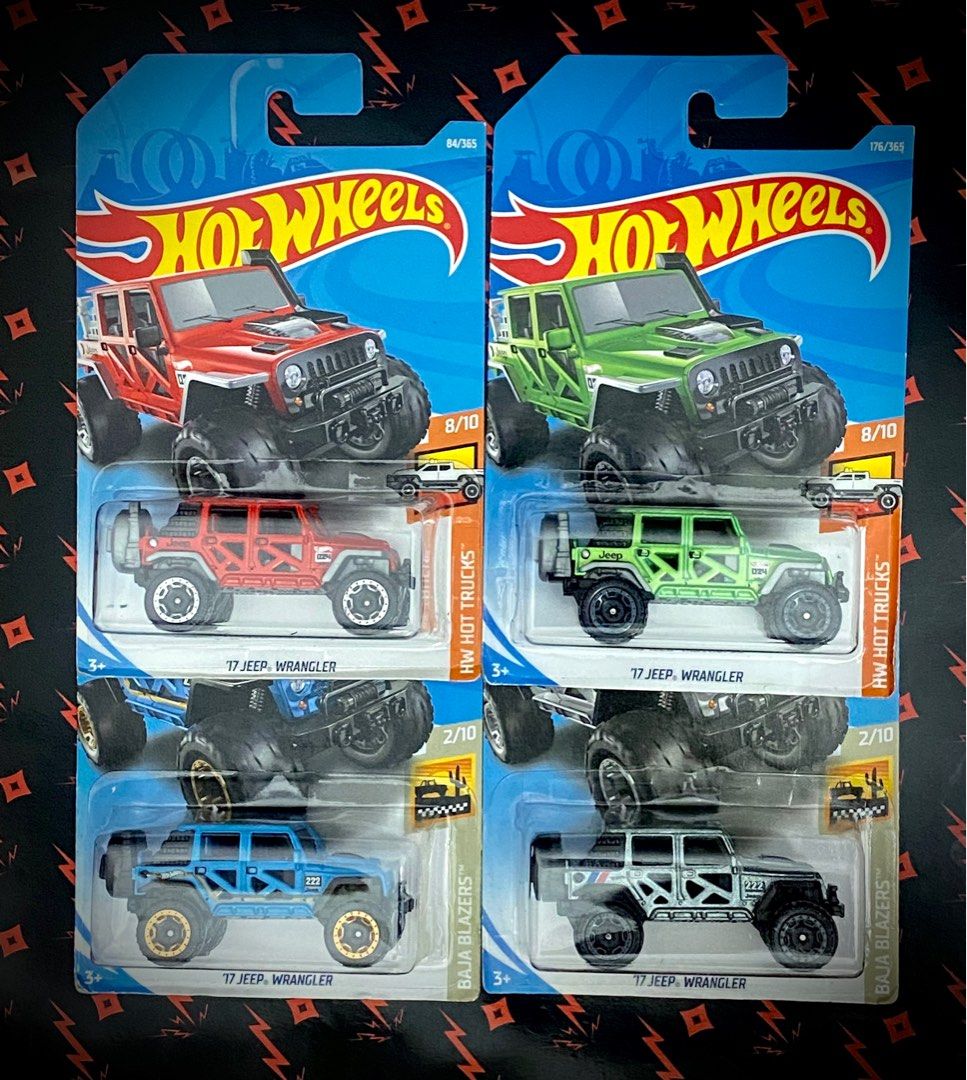 Hot Wheels 17 Jeep Wrangler Set of 4 hotwheels cars red green blue silver Hobbies Toys Toys Games on Carousell