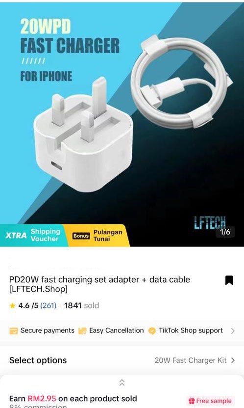 iphone lightning cable (Category: Cables & Adaptors) located in Shah Alam. Submitted by adriannaaa (Listing ID 1298200829, Image 1). Description: bought at tiktok, only cable .