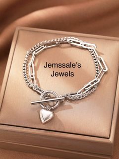 jem: Genuine 316L White Gold Tone Surgical Stainless Steel Non-Tarnish Heart Charm 2-Layered Toggle Lock Bracelet 7.5in.