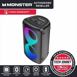 Monster Cycle 160W  Bluetooth Speaker with 2 Microphone, LED Lights, IPX4 Water Resistant, Wireless Party Speakers