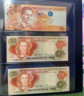 NDS 20 peso banknote solid nr and 20 peso Bagong lipunan note (consecutive sn) 