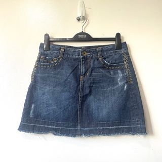 ONLY Jeans Y2K Dark Wash Mini Micro Denim Skirt raw hem retro vintage nineties 90s grunge emo punk