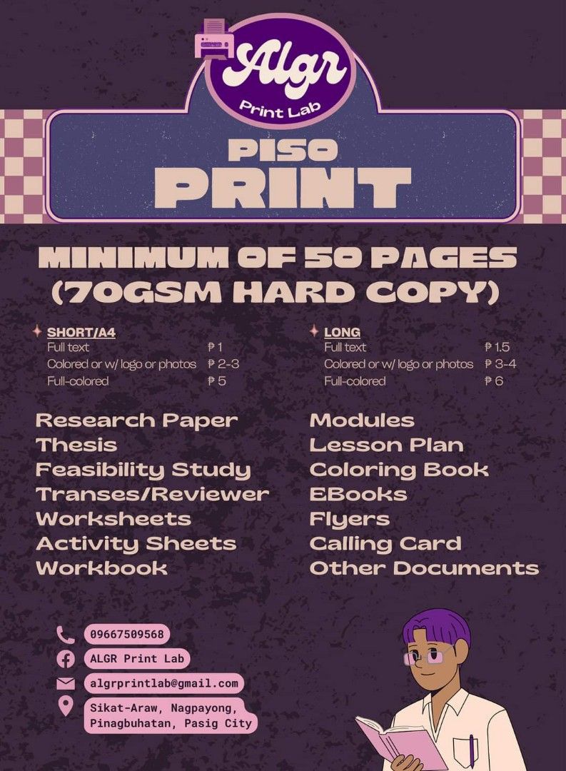Piso Print (Category: Art & Prints) located in Pasig City. Submitted by niniky.a (Listing ID 1298122777, Image 1). Description: ❗️PISO PRINT❗️PISO PRINT❗️ 📣High-Quality Piso Print Services Available for Bulk Printing! 📣 We offer full text and colored options for all your printing needs🖨 PISO PRINT | MINIMUM OF 50 PAGES (70GSM HARD COPY) 💌SHORT/A4 Full text P1 Colored or w/ logo or photos P2-3 Full-colored P5 💌LONG Full text P1.5 Colored or w